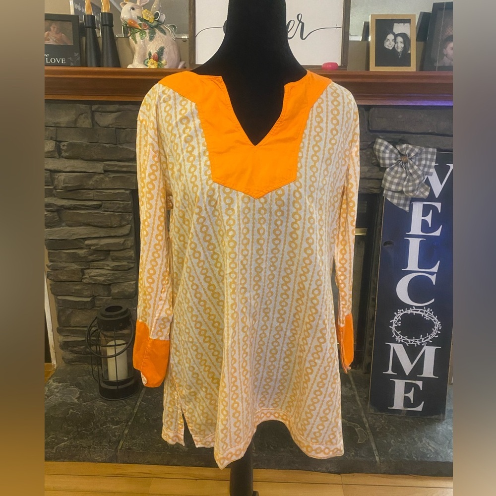 Gretchen Scott Designs Cream Tunic with Bright Orange V-Neck & Cuffs